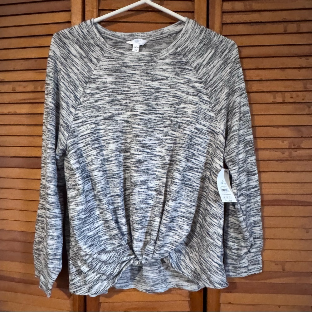 Time and Tru Gray Marled Knot-Front Long Sleeve Pullover